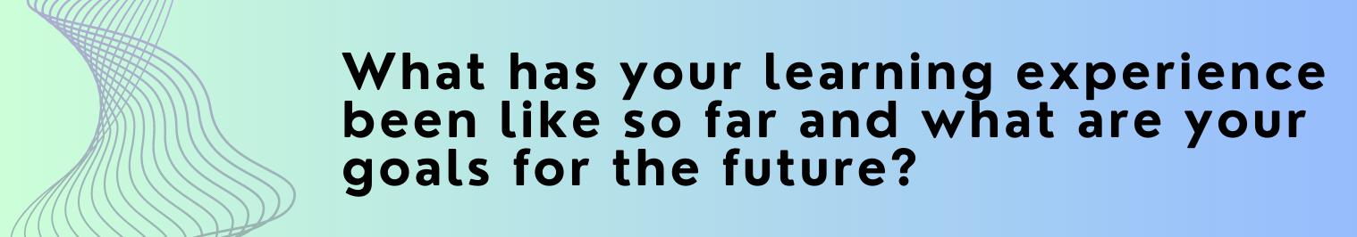A banner with the text: What has your learning experience been like so far and what are your goals for the future?