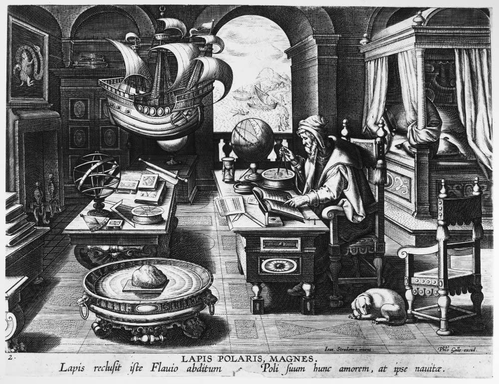 Philosopher C1580 NLapis Polaris MagnesNphilosopher In His Chamber Studying A Lodestone Line Engraving