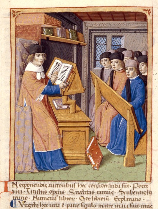 Servius teaching the pastoral arts. Page from the Georgics, France, 15th century. Bibliothèque municipale de Dijon, Ms 493, f. 56r