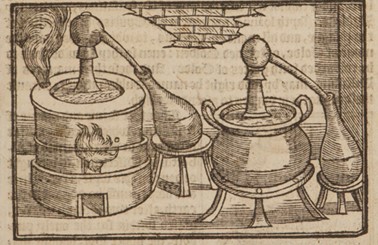 old book with picture of distilling device