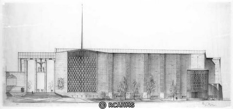 Coventry Cathedral. Completed 1962. Elevation drawing, 1952. Crown copyright RCAHMS DP024522.