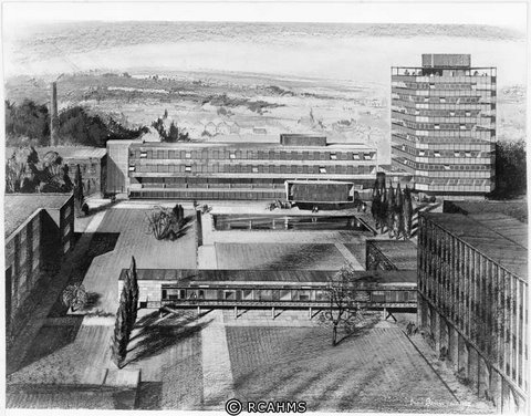 Science Buildings, Southampton University. The buildings illustrated were completed in revised form between 1959 and 1964. Perspective drawing by Basil Spence, 1957. Crown copyright RCAHMS SC1066490.