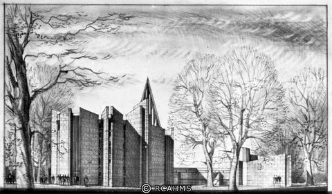 Mortonhall Crematorium, Edinburgh. Completed 1967. Elevation drawing, c. 1961. Copyright Gillian and Anthony Blee. RCAHMS SC1076477.