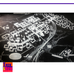 “A model illustrating the development plan, 1964. The positions of the existing library, administration, science and humanities buildings reflect those on the plan. But construction has not yet extended far into the country land and the dual carriageway did not materialise. Key: A. Administration; H. Humanities; HR. Halls of Residence; G. Great Hall; L-Library; S. Science; SP. Sports Pavillions; St. Stadium; T. Theatre.”