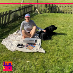 Malina enjoying the nice weather and her dog while trying to do some work