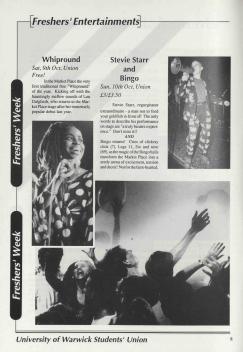 Freshers Entertainments. 93 Warwick Life, Warwick Digital Collection.