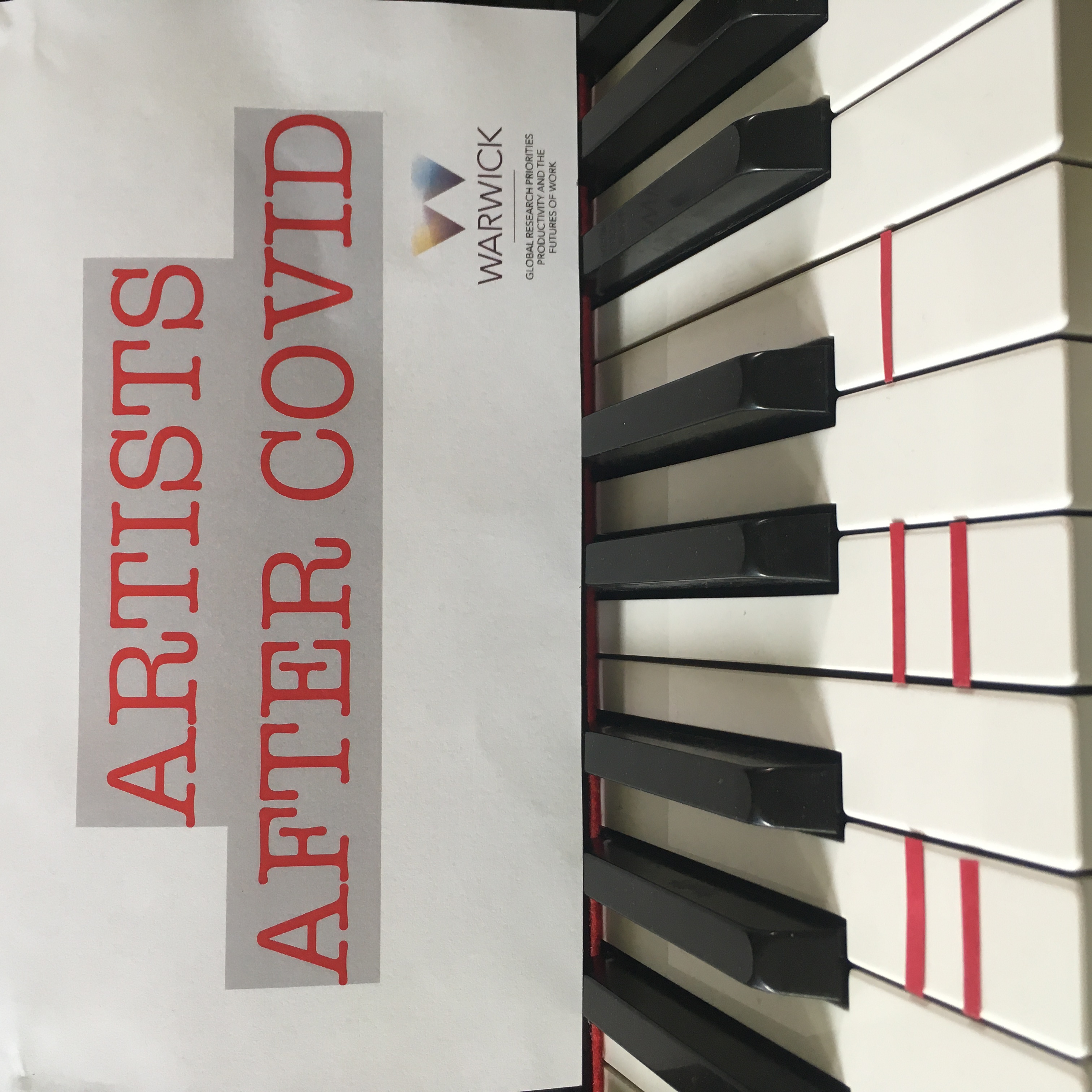 Artists After Covid logo - piano keyboards with covid test marks