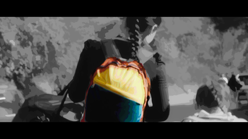 Image depicting a young woman with her daughter walking along a road, viewed from behind. The image is a stylised vector image in B&W, other than the young woman's backpack which is in colour, in the colours of the Venezuelan flag. 