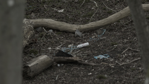 Looking into a dry, winter woodland. Traces of human occupation can be see, such as a 'Sure' deodorant can and blue rope.