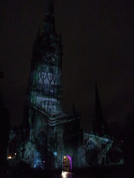 Archive footage projected onto the Coventry Cathedral ruins as part of Historic England’s installation, ‘Where Light Falls’ (author's photo)