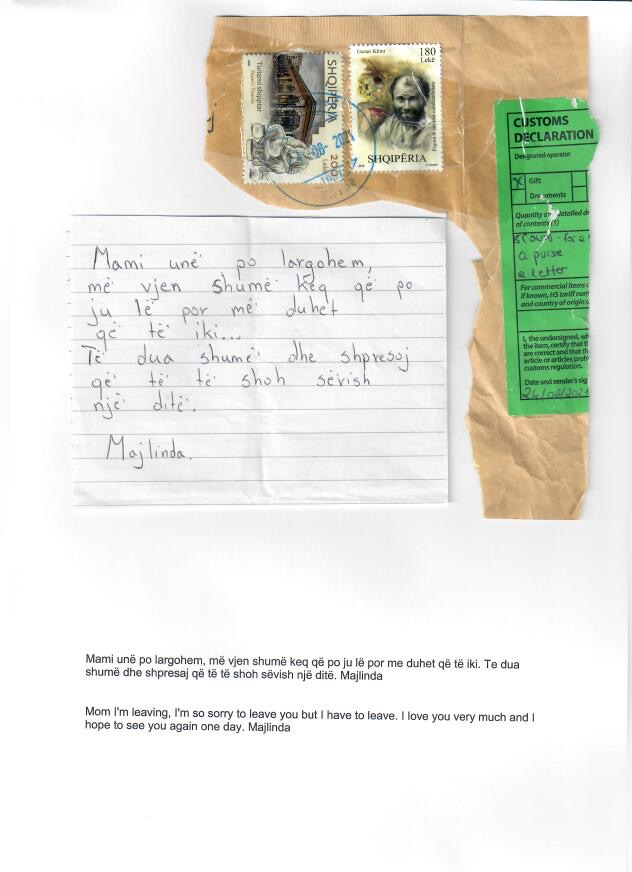 Note from the victim to her mother and Albanian stamps