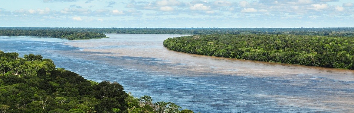 Aerial view of the Amazon rainforest and river, near Manaus, the capital of the Brazilian state of Amazonas. Brazil.