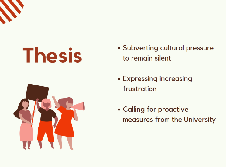 The 'Thesis' slide from Naomi's presentation at the Warwick Inclusion Conference. The slide has three bullet points, stating 'Subverting cultural pressure to remain silent', 'Expressing increasing frustration', and 'Calling for proactive measures from the University'