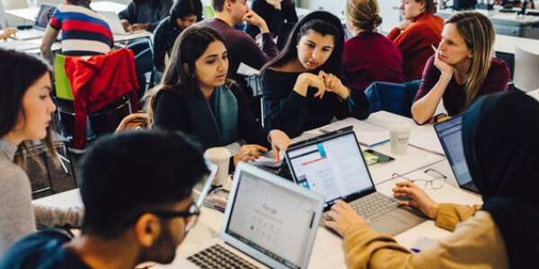 Students of Global Sustainable Development actively collaborating on coursework assignments.