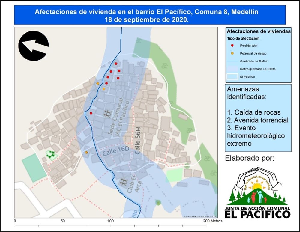 Map of housing impacts in the El Pacífico neighborhood, Medellin, September 18, 2020