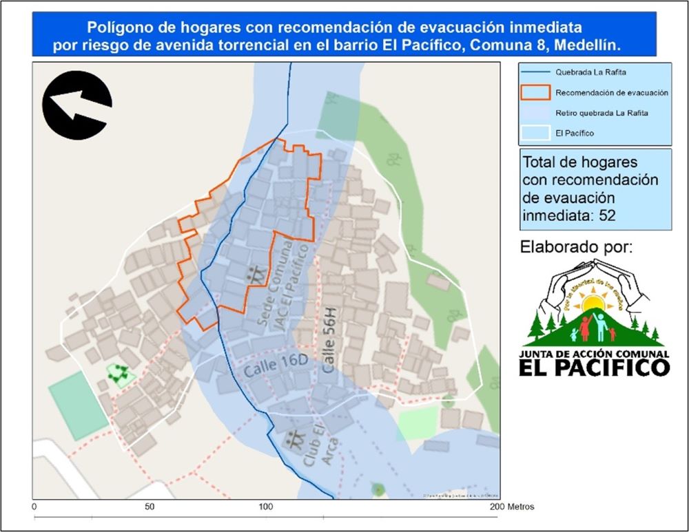 Map of homes with municipal recommendation for immediate evacuation at risk of torrential avenue in the El Pacífico Medellin neighborhood