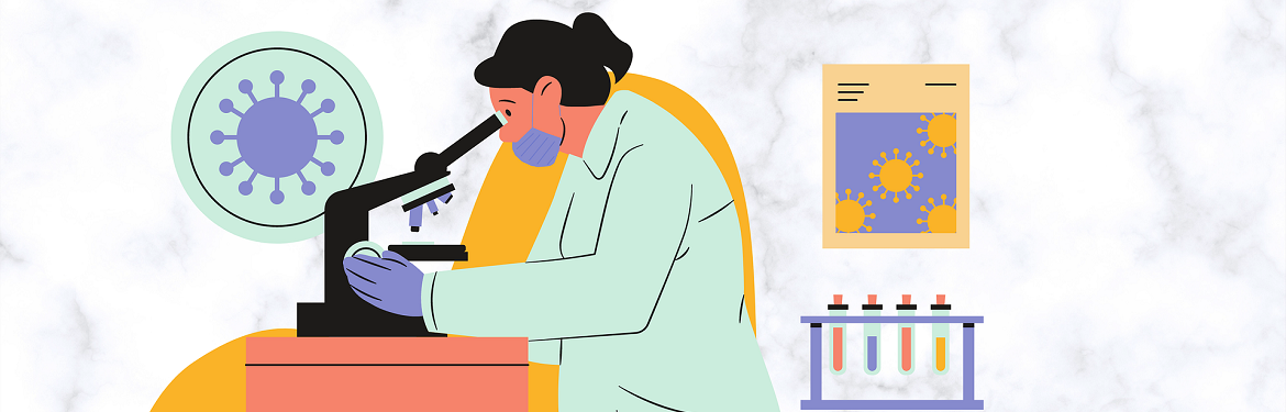 Illustration of woman researching in a lab, looking into a microscope