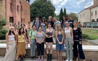 A group of students in Venice as part of the 'A Sustainable Serenissima' module. They are in the Venetian Ghetto area of Venice.