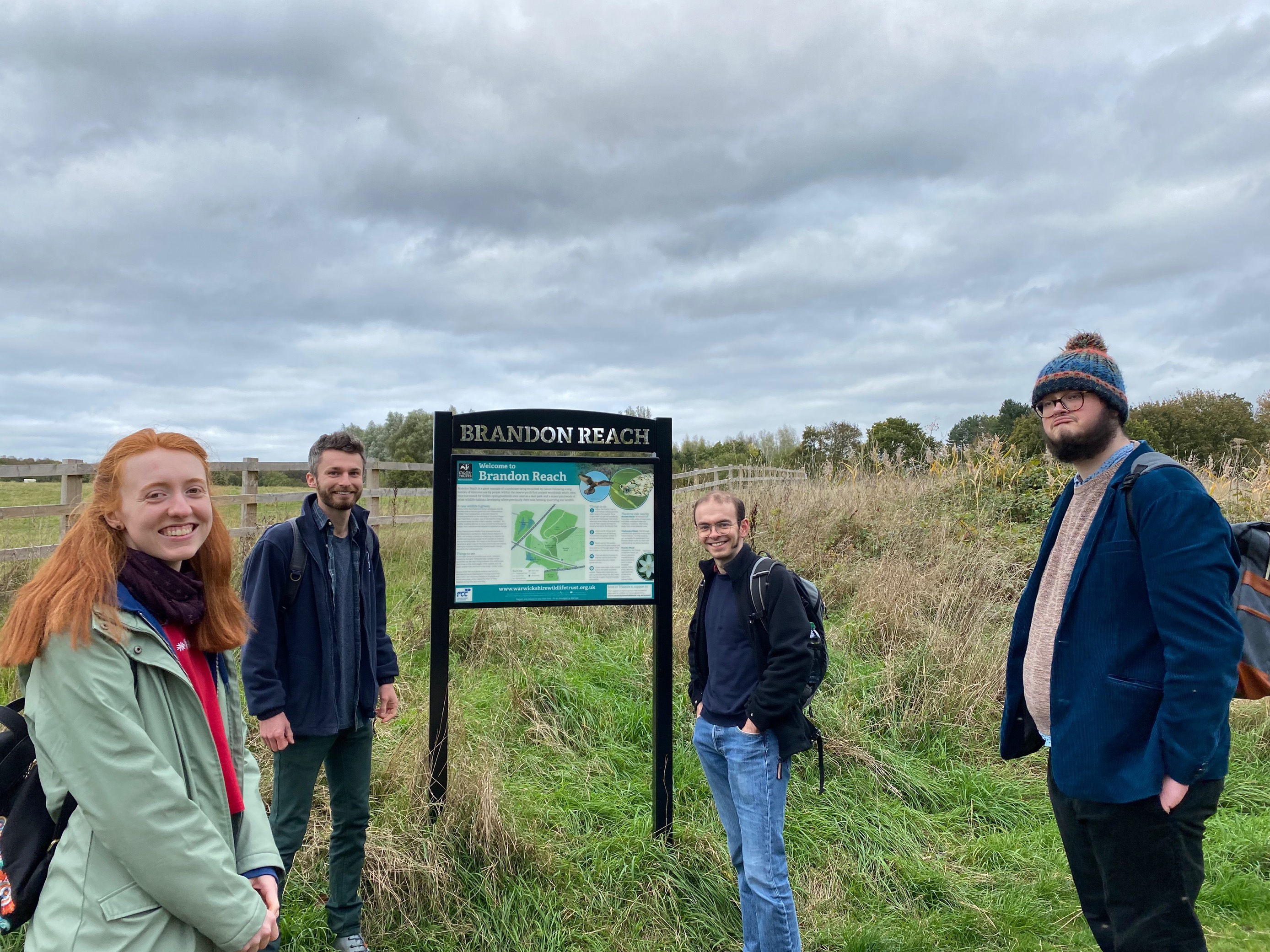 Some of the project volunteers on a visit to the former colliery site, taken here at the entrance to the Brandon Reach nature reserve. From left to right are: Kiera (3rd year UG, History), Daniel (Warwickshire Wildlife Trust), Pierre (Oral History Network administrator), and Dan (3rd year UG, History)