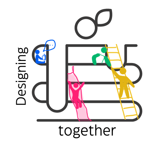 Designing together logo- stick figures are exploring, experimenting, and experiencing the logo using slides and ladders in order to elevate those around them.