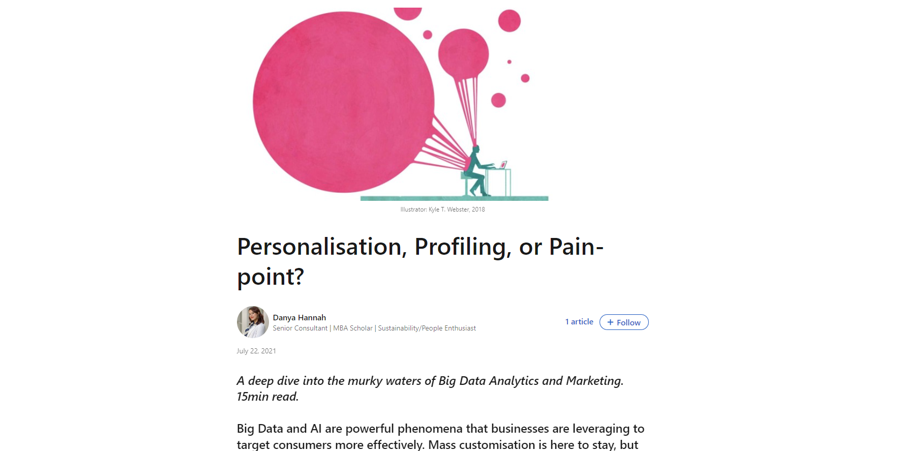 A screenshot of a student blog on LinkedIn with the title, "Personalisation, profiling, or pain-point?"