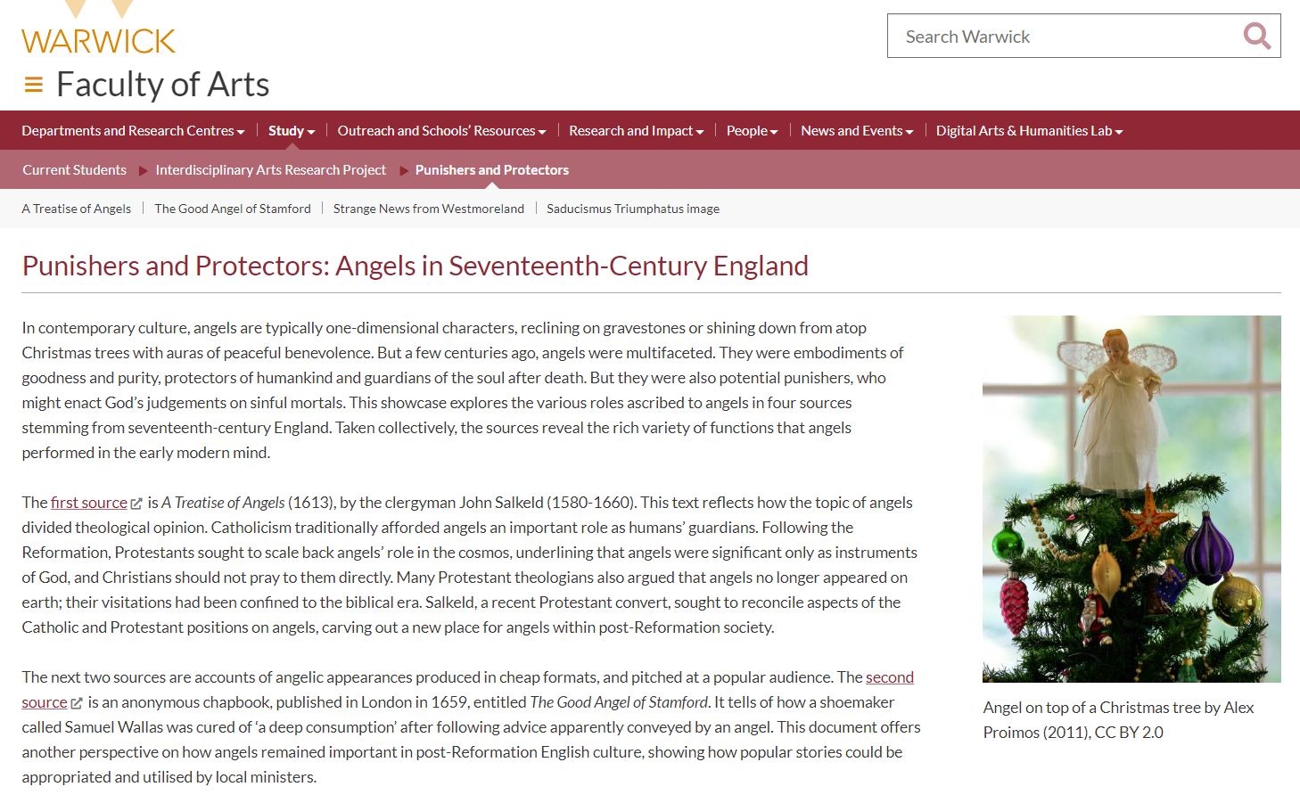 A screenshot of a student's digital showcase, with the title "Punishers and Protectors: Angels in Seventeenth Century England"