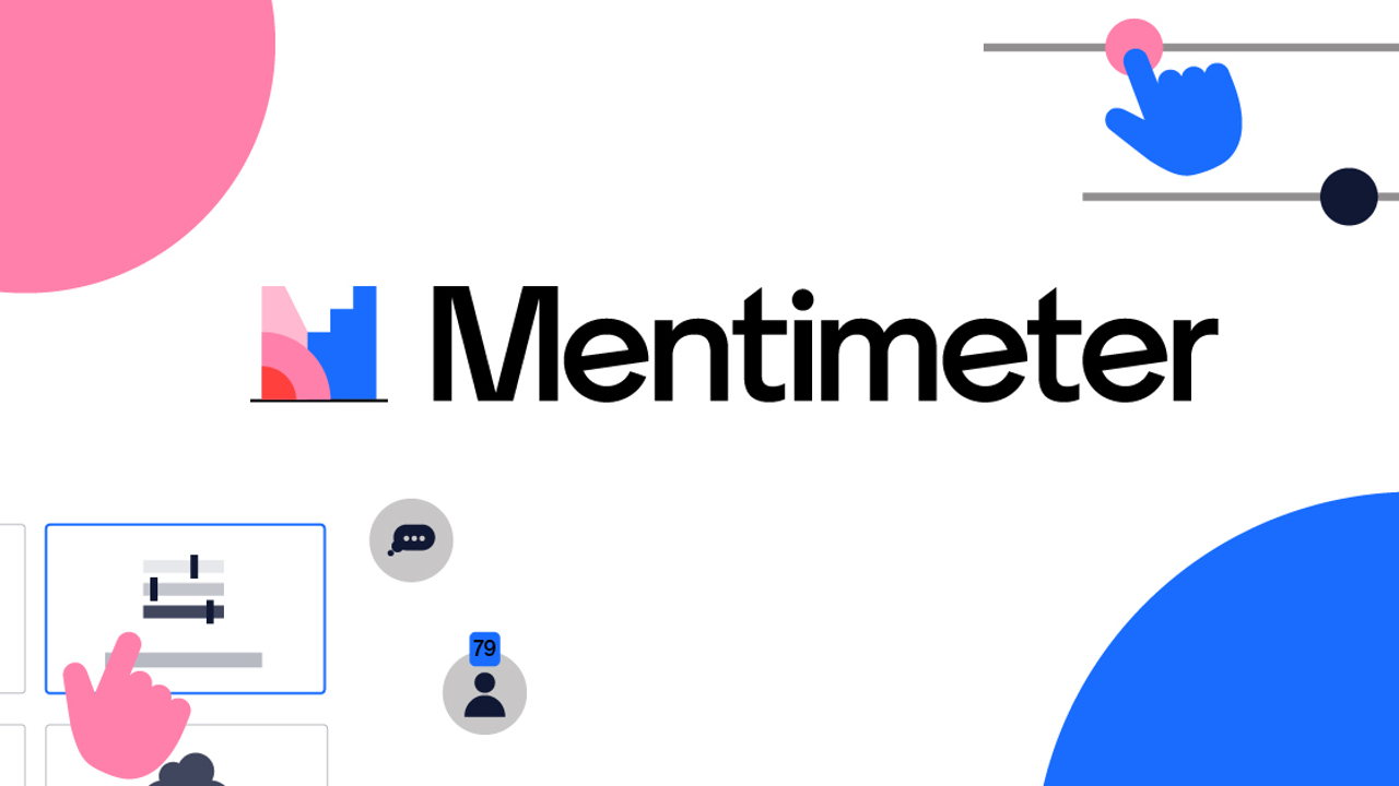Mentimeter logo with pink and blue floating graphic elements