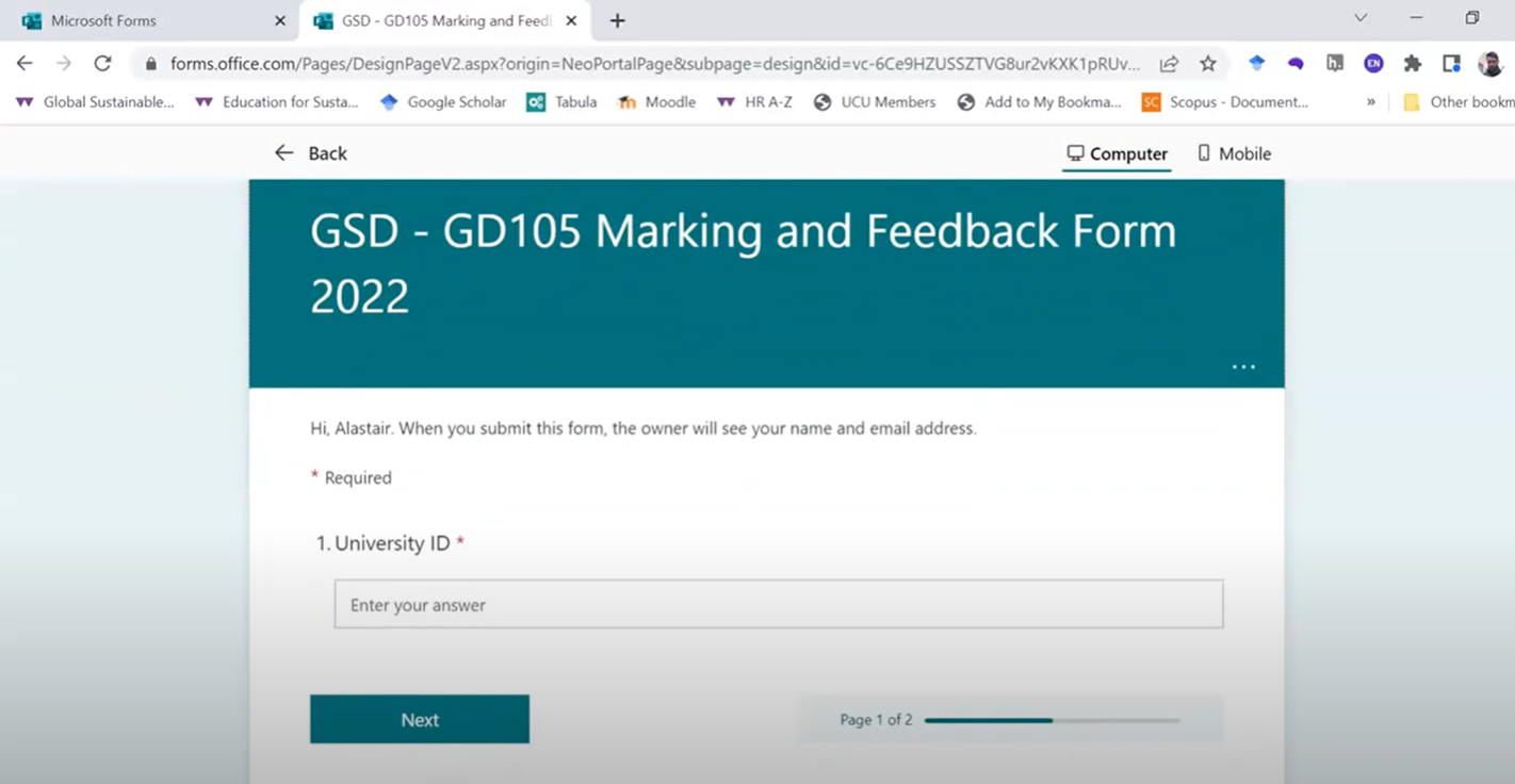 A screenshot of MS Forms being used for marking and feedback