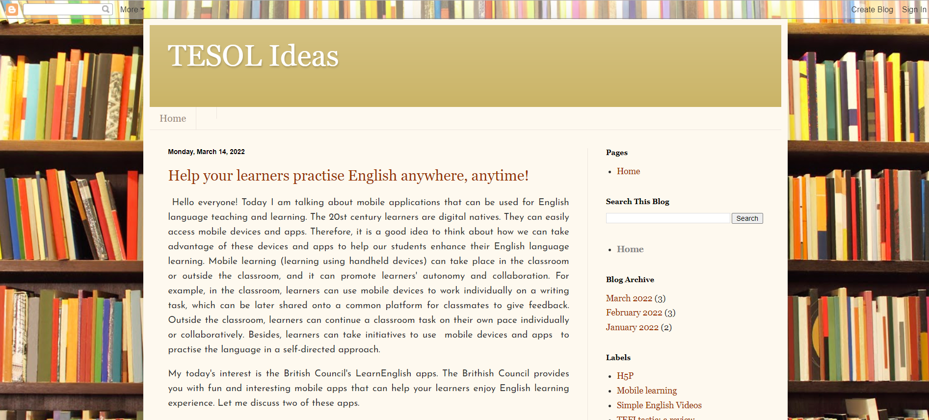 A screenshot of a student blog, with the title "TESOL Ideas"