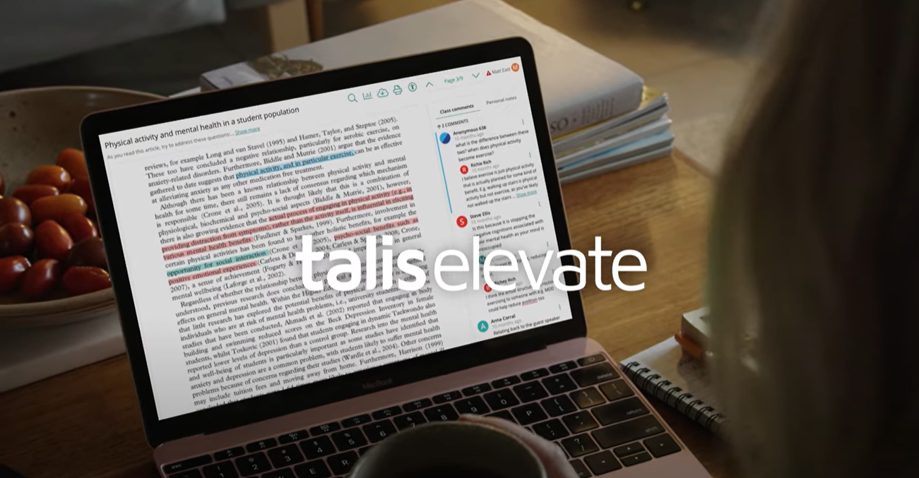 A photo of a laptop with text annotated on the screen in different colours, with the Talis Elevate logo laid overtop