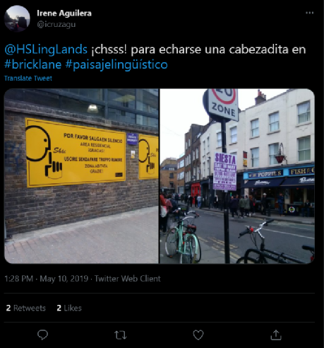 A screengrab of a Tweet written in Spanish with a photo of Spanish text encountered on UK streets