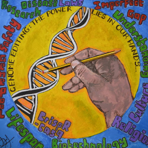 Drawing of a hand holding a pencil with which they are erasing a strand of DNA