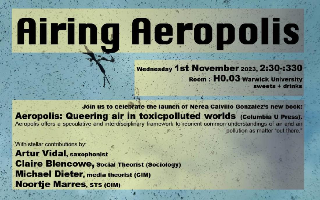 A poster for Airing Aeropolis book launch. Taking place 1 November 2023 2:30pm at H0.03 at University of Warwick