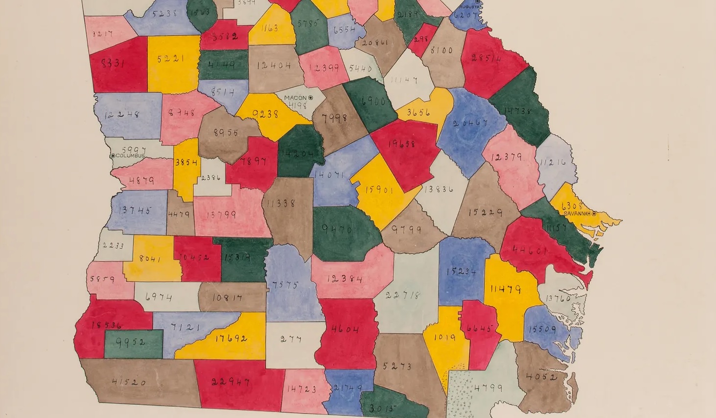 A map of Georgia, by Du Bois, colorfully indicates the number of acres owned by African-Americans in each county