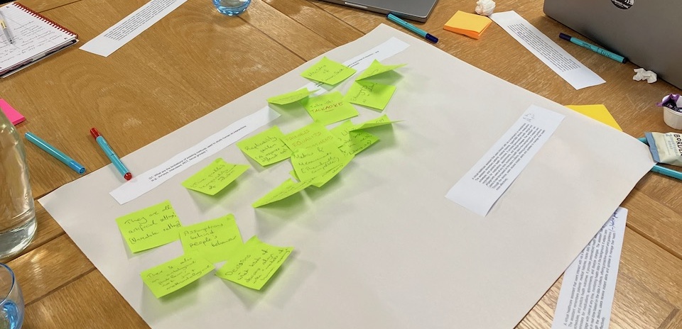A big paper on a table with post-its on it