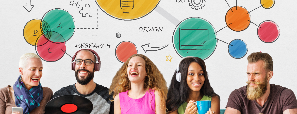 Innovation banner with several people laughing