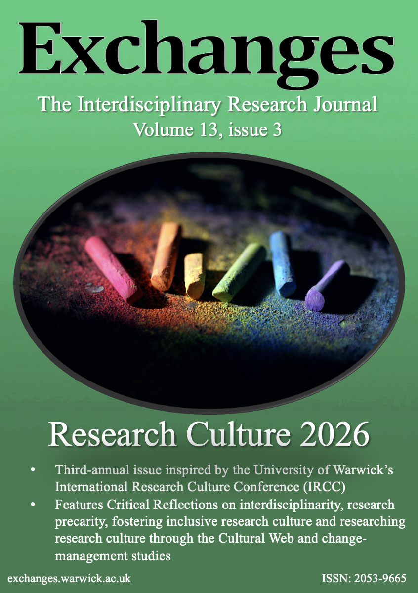 The cover of Exchanges issue 13.3. It features a close-up image of colourful pieces of chalk on a green background with the words 'Research Culture 2026' appearing below the image.