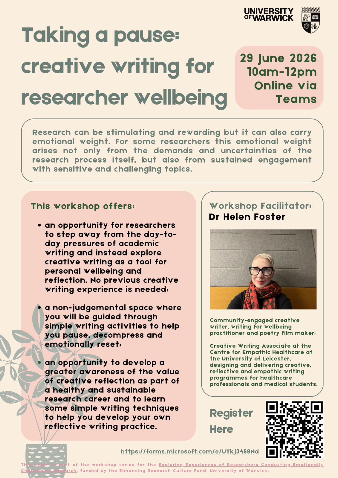 This is the poster for creative writing wellbeing workshop on 29 June.