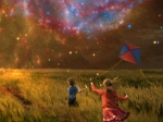 Children flying a kite on an alien world