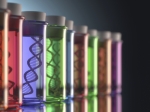 Test tubes containing coloured liquids and representations of DNA strands