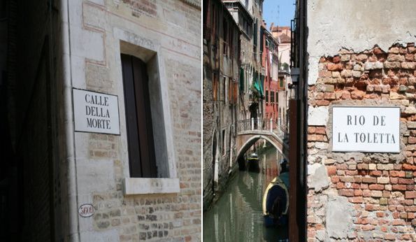 Photos of signs for 'Calle della Morte' and 'Rio de la Toletta', Venice