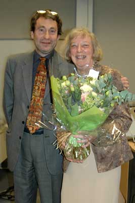 Photo of Marion Temple receiving flowers