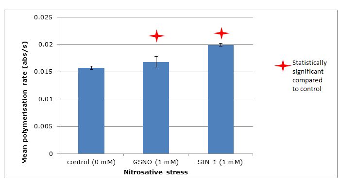 Figure 4: Effects of nitrosative stress on the mean polymerisation rate. The values represent the mean±SD of three experiments in which a five minute incubation time was allowed before fibrin polymerisation was set up.