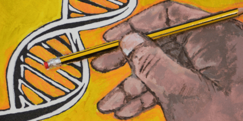 Drawing of hand and pencil and DNA strand