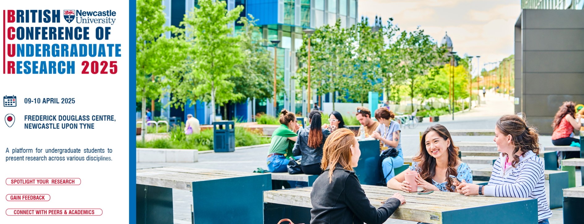 BCUR 2025 Newcastle University students sitting chatting in front of trees