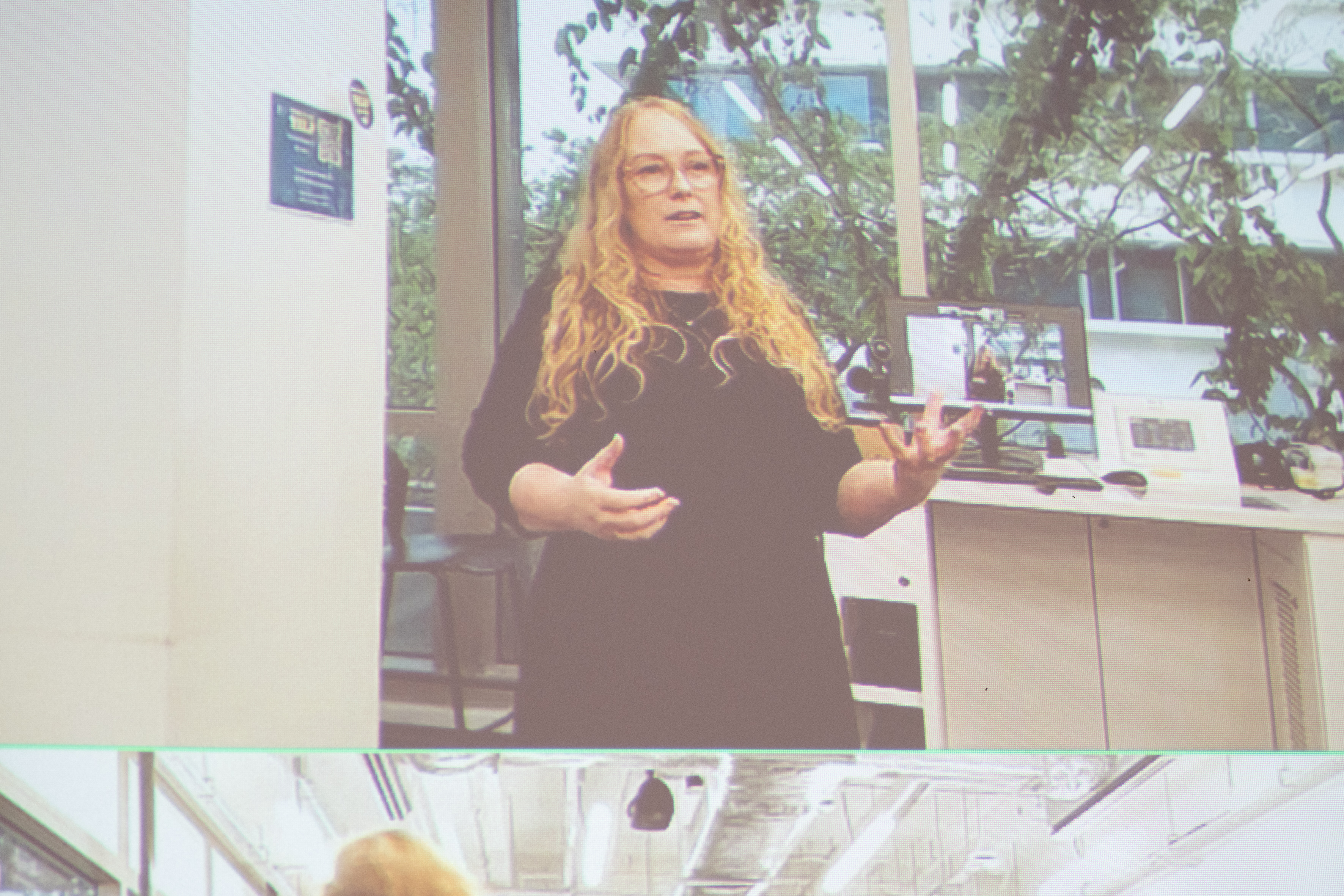 A woman with long blonde wavy hair stands in front of a computer podium, gesticulating and speaking. The image is grainy because it has been captured from a video conference.