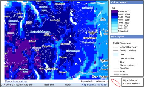 Appendix A: A map showing the normal annual precipitation (1971-2000) in the Jostedalsbreen area highlighting the Nigardsbreen glacial foreland