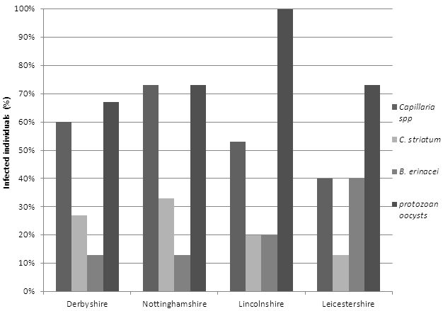 Figure 2: Overall results, showing the percentage of each parasite species within each region