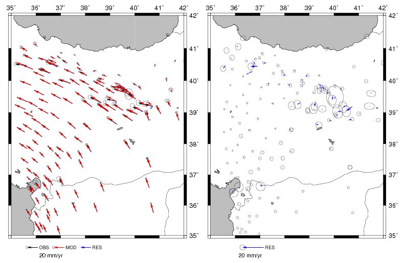 Figure 9: Prediction of input GPS data by the velocity field model and input InSAR LOS rate by modelled velocity field, part 1