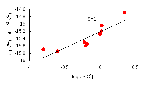 Figure 8: Log Quartz Dissolution Rates (mol cm-2 s-1) against Log Silica Surface Charge (nm-), in a 0.001 M NaCl solution (Bolt, 1952)